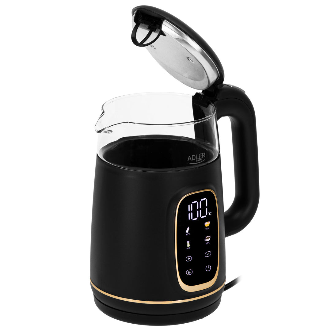 Fierbător electric de sticlă Adler 1.7L, Negru și auriu, Control temperatură, Afișaj LED, AD 1305 bg