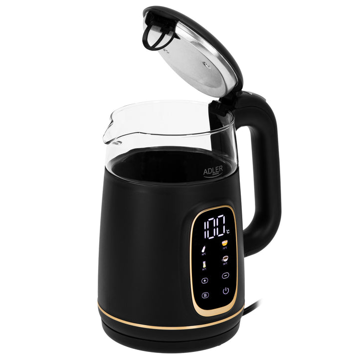 Fierbător electric de sticlă Adler 1.7L, Negru și auriu, Control temperatură, Afișaj LED, AD 1305 bg
