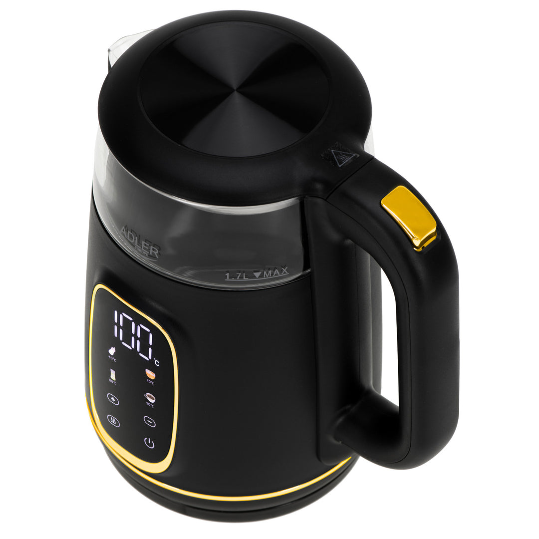Fierbător electric de sticlă Adler 1.7L, Negru și auriu, Control temperatură, Afișaj LED, AD 1305 bg