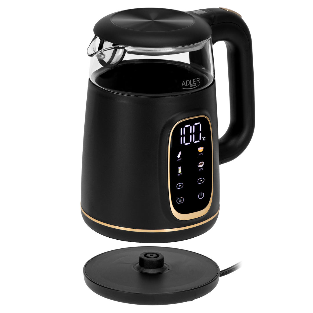 Fierbător electric de sticlă Adler 1.7L, Negru și auriu, Control temperatură, Afișaj LED, AD 1305 bg