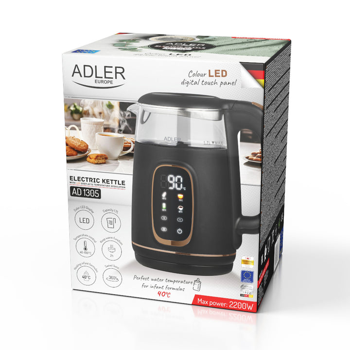 Fierbător electric de sticlă Adler 1.7L, Negru și auriu, Control temperatură, Afișaj LED, AD 1305 bg