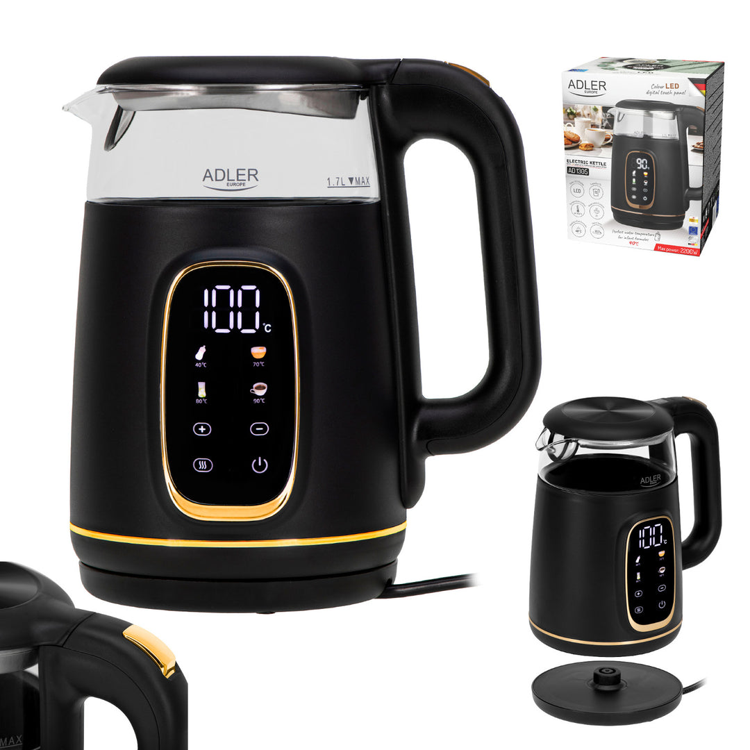 Fierbător electric de sticlă Adler 1.7L, Negru și auriu, Control temperatură, Afișaj LED, AD 1305 bg