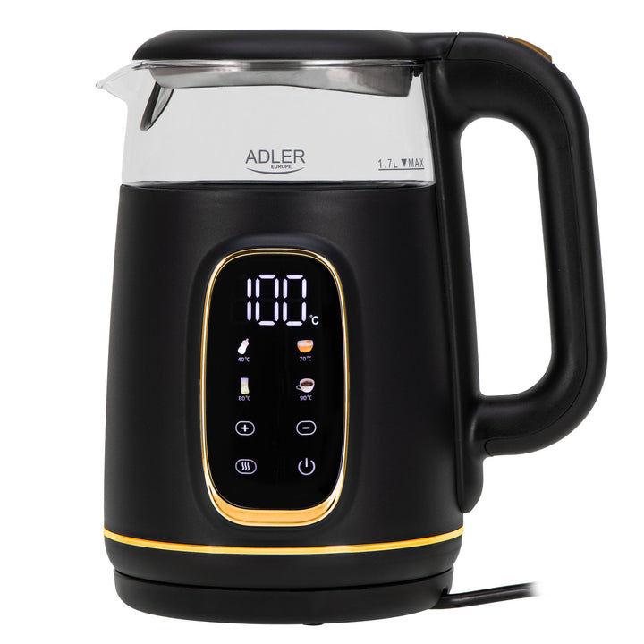 Fierbător electric de sticlă Adler 1.7L, Negru și auriu, Control temperatură, Afișaj LED, AD 1305 bg