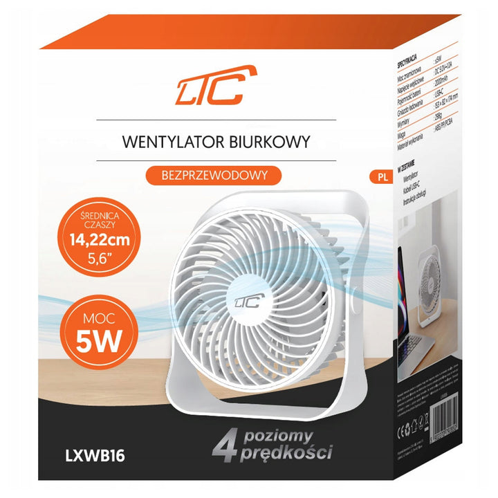 Ventilator de birou wireless LTC, încărcare USB C, 4 niveluri de viteză, baterie 2000 mAh, LXWB16
