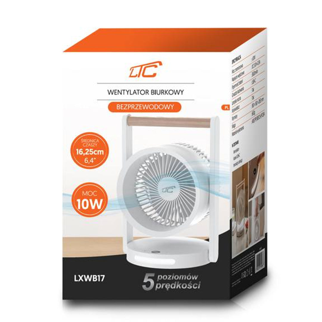 Ventilator de birou wireless LTC, lumină de noapte și afișaj LED, 5 niveluri de viteză, baterie de 3600 mAh, LXWB17
