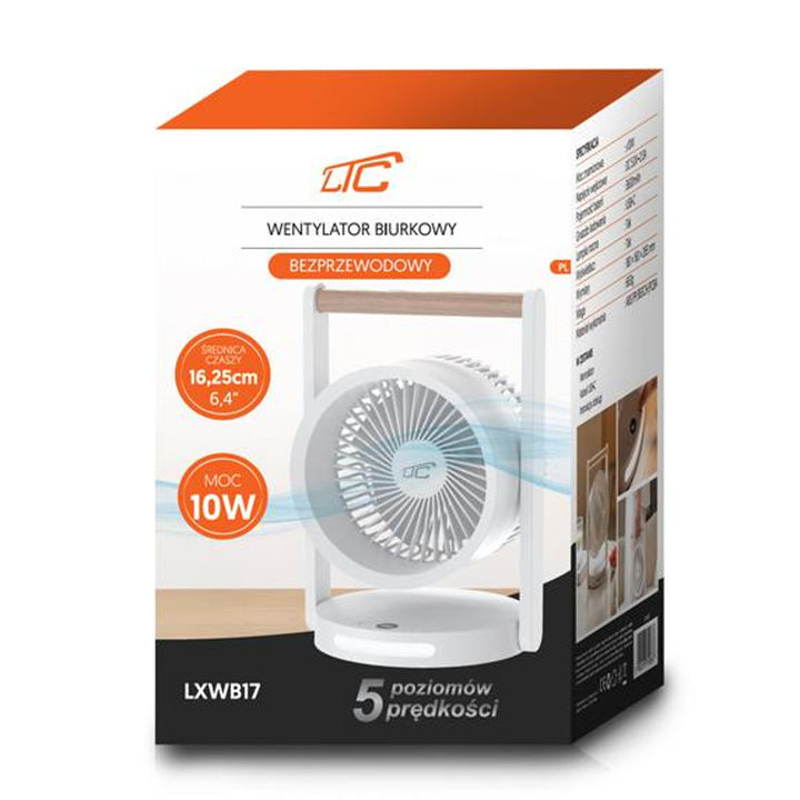 Ventilator de birou wireless LTC, lumină de noapte și afișaj LED, 5 niveluri de viteză, baterie de 3600 mAh, LXWB17