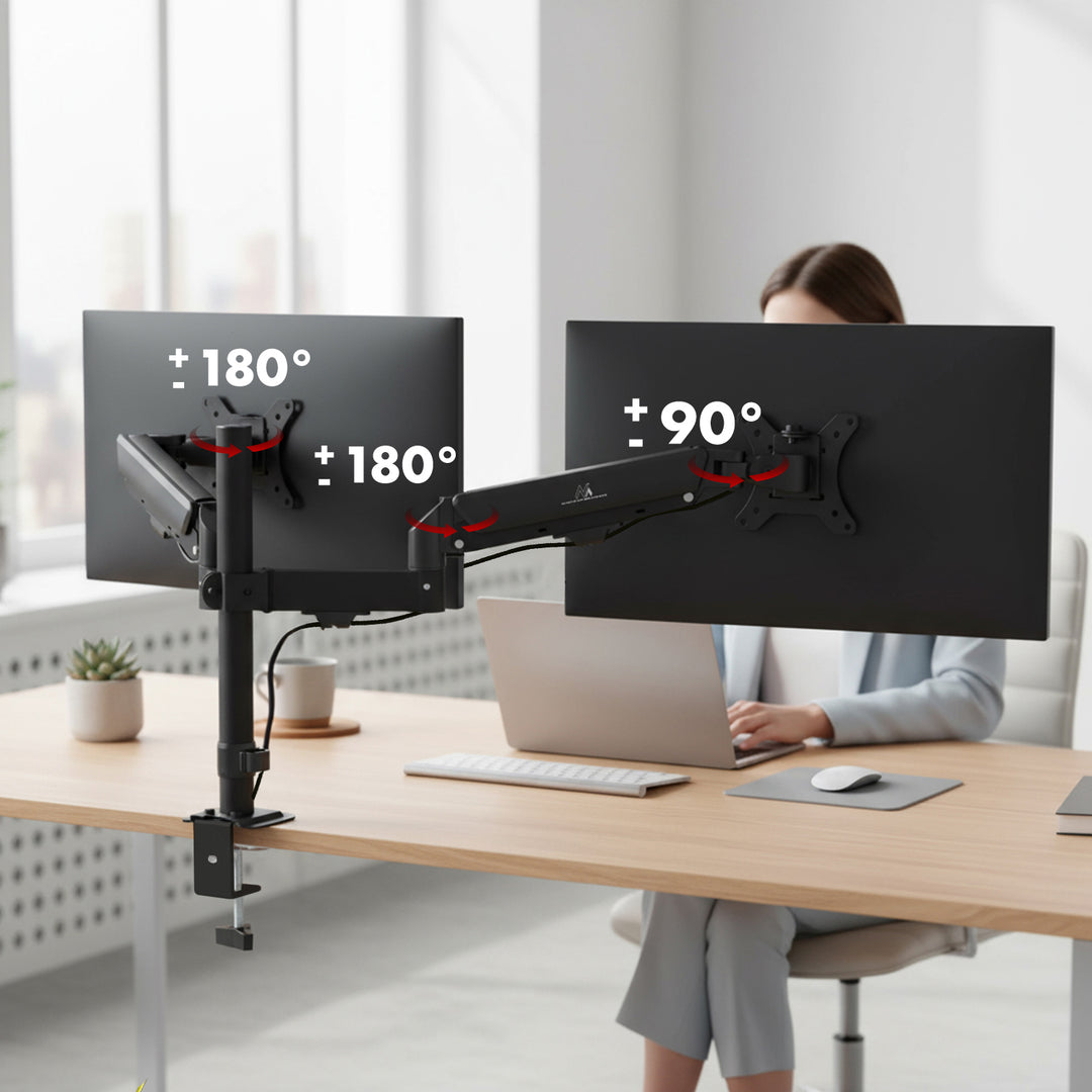 Suport pentru 2 monitoare Maclean, arc cu gaz, 17"-32", 2-10kg, negru, MC-136