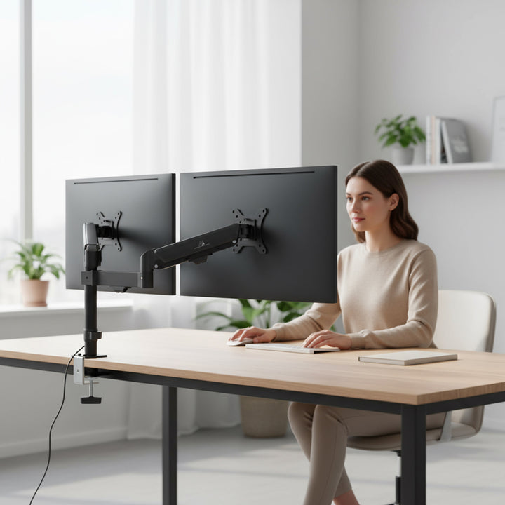 Suport pentru 2 monitoare Maclean, arc cu gaz, 17"-32", 2-10kg, negru, MC-136