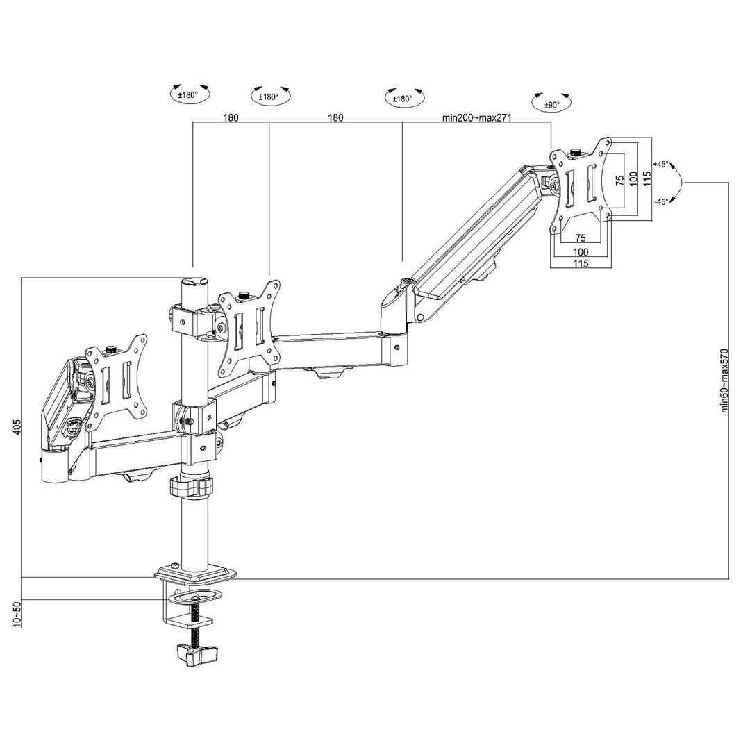 Suport pentru 3 monitoare Maclean, arc cu gaz, 17"-27", 2-8kg, negru, MC-137