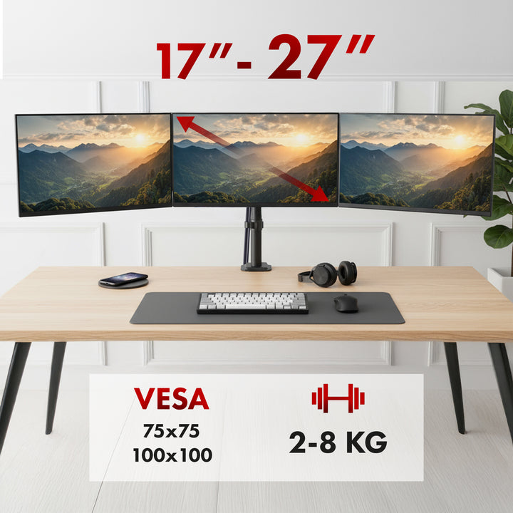 Suport pentru 3 monitoare Maclean, arc cu gaz, 17"-27", 2-8kg, negru, MC-137