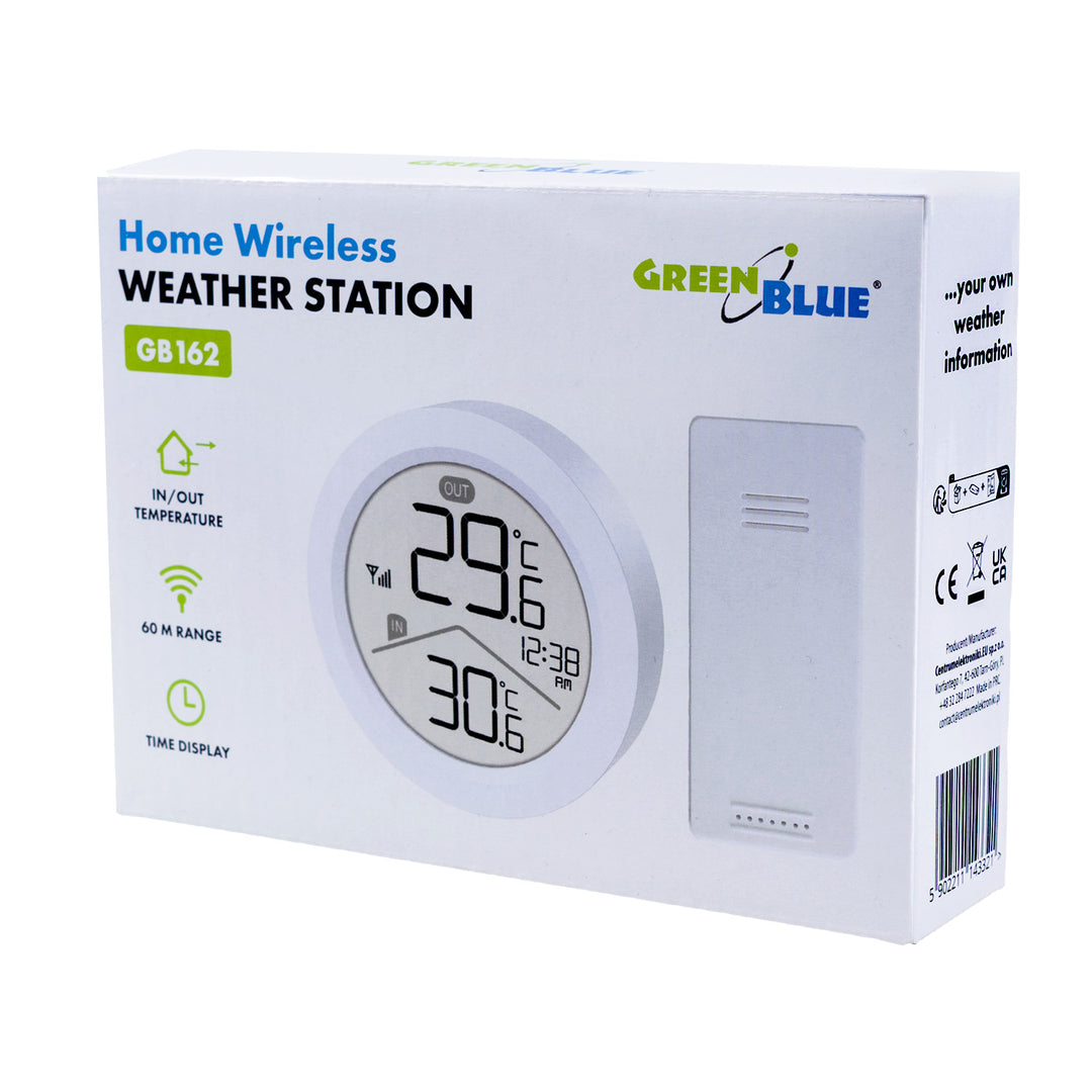 Stație meteorologică wireless GreenBlue, temperatură IN/OUT, ceas, selectabilă °C/°F, rază de acțiune de până la 60 m, GB162