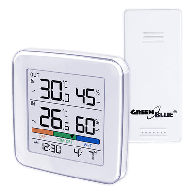 Stație meteorologică wireless GreenBlue, temperatură + umiditate IN/OUT, ceas + alarmă + dată, °C / °F selectabil, rază de acțiune de până la 60 m, GB169