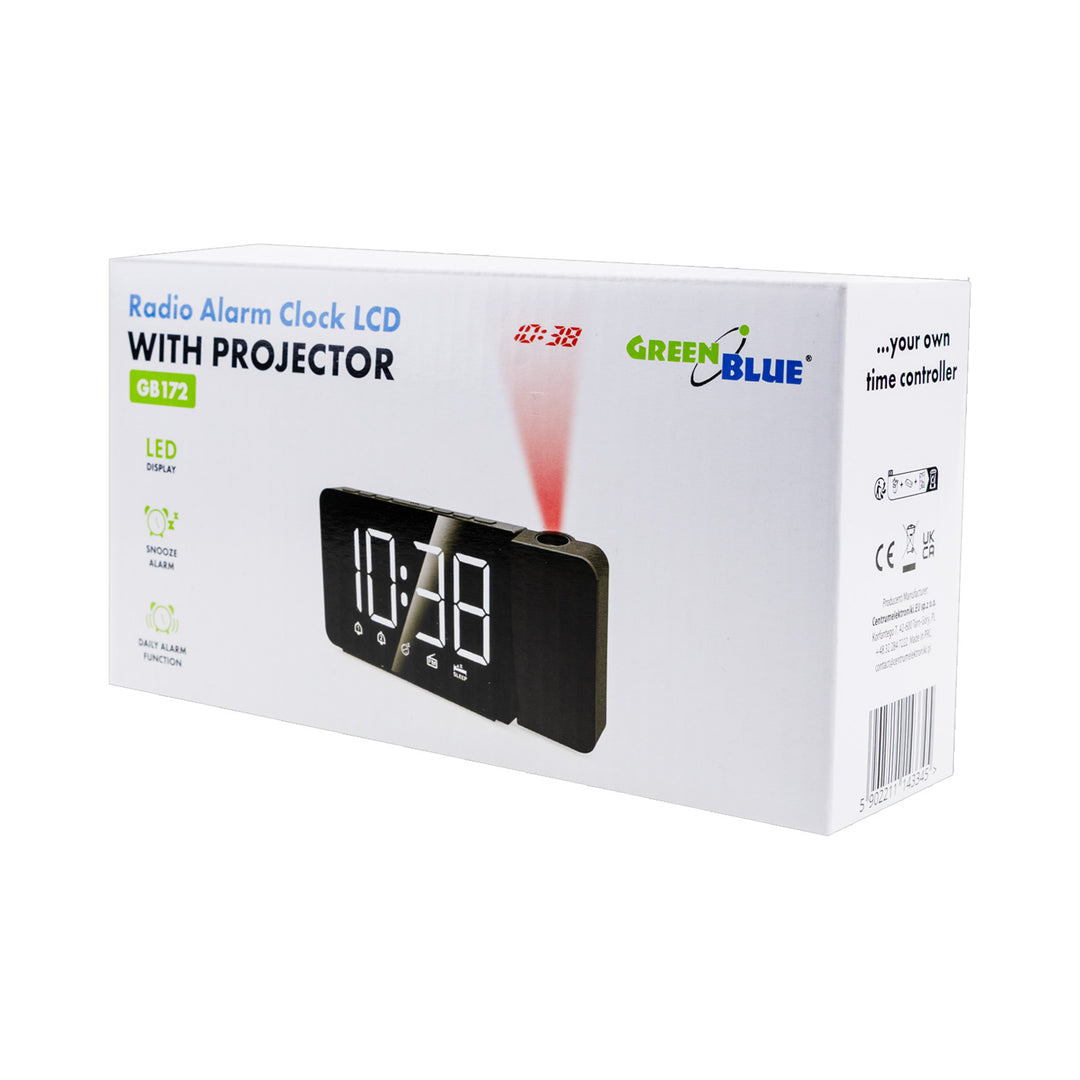 Ceas radio digital cu LED, proiector GreenBlue, radio FM, alarmă, ceas 12/24, alimentare USB 5V DC + CR2032, GB172