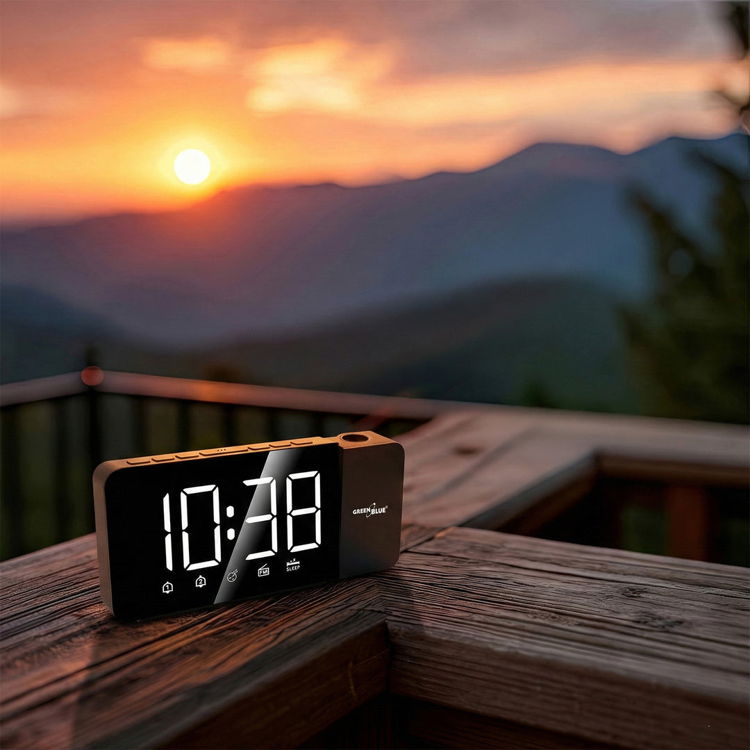 Ceas radio digital cu LED, proiector GreenBlue, radio FM, alarmă, ceas 12/24, alimentare USB 5V DC + CR2032, GB172