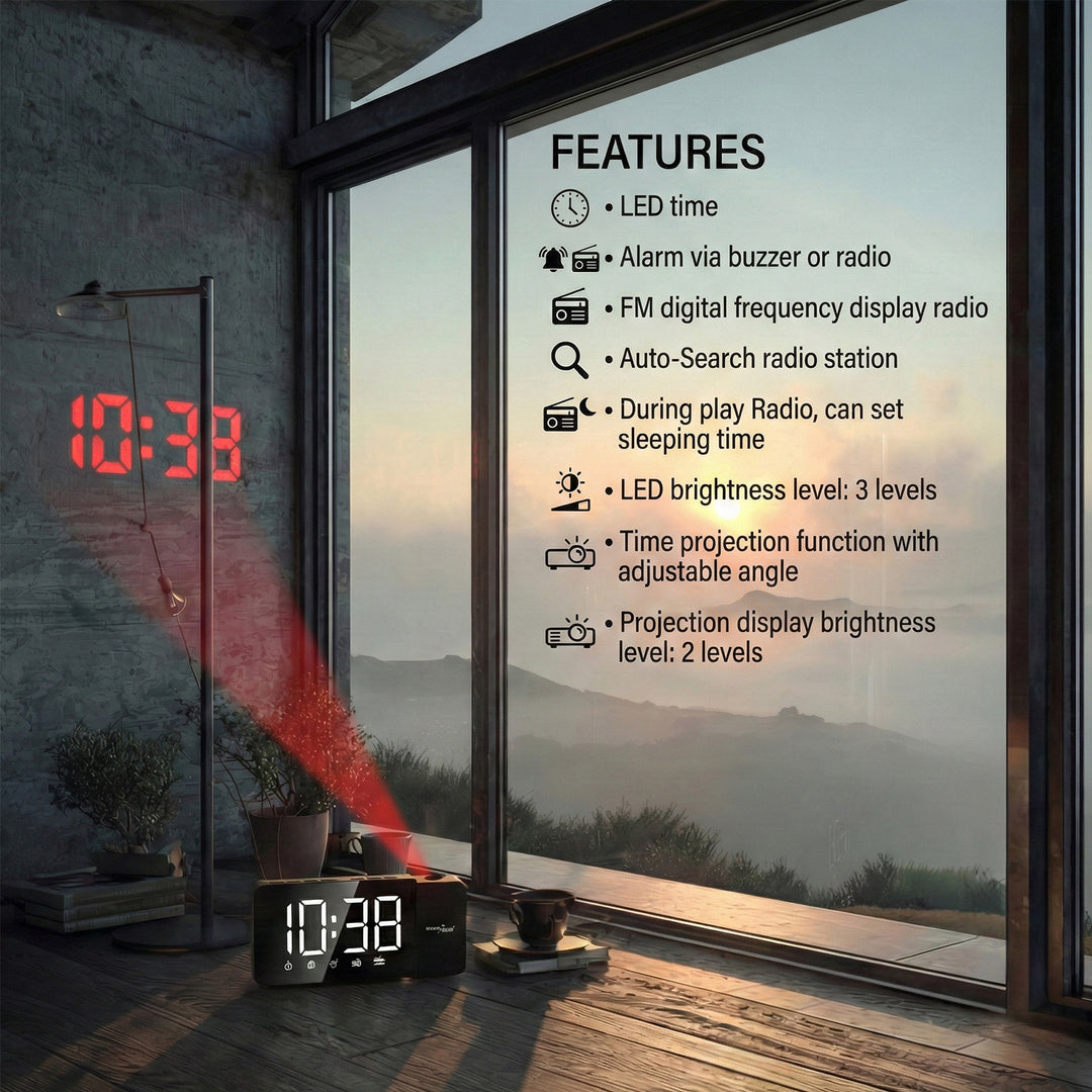 Ceas radio digital cu LED, proiector GreenBlue, radio FM, alarmă, ceas 12/24, alimentare USB 5V DC + CR2032, GB172