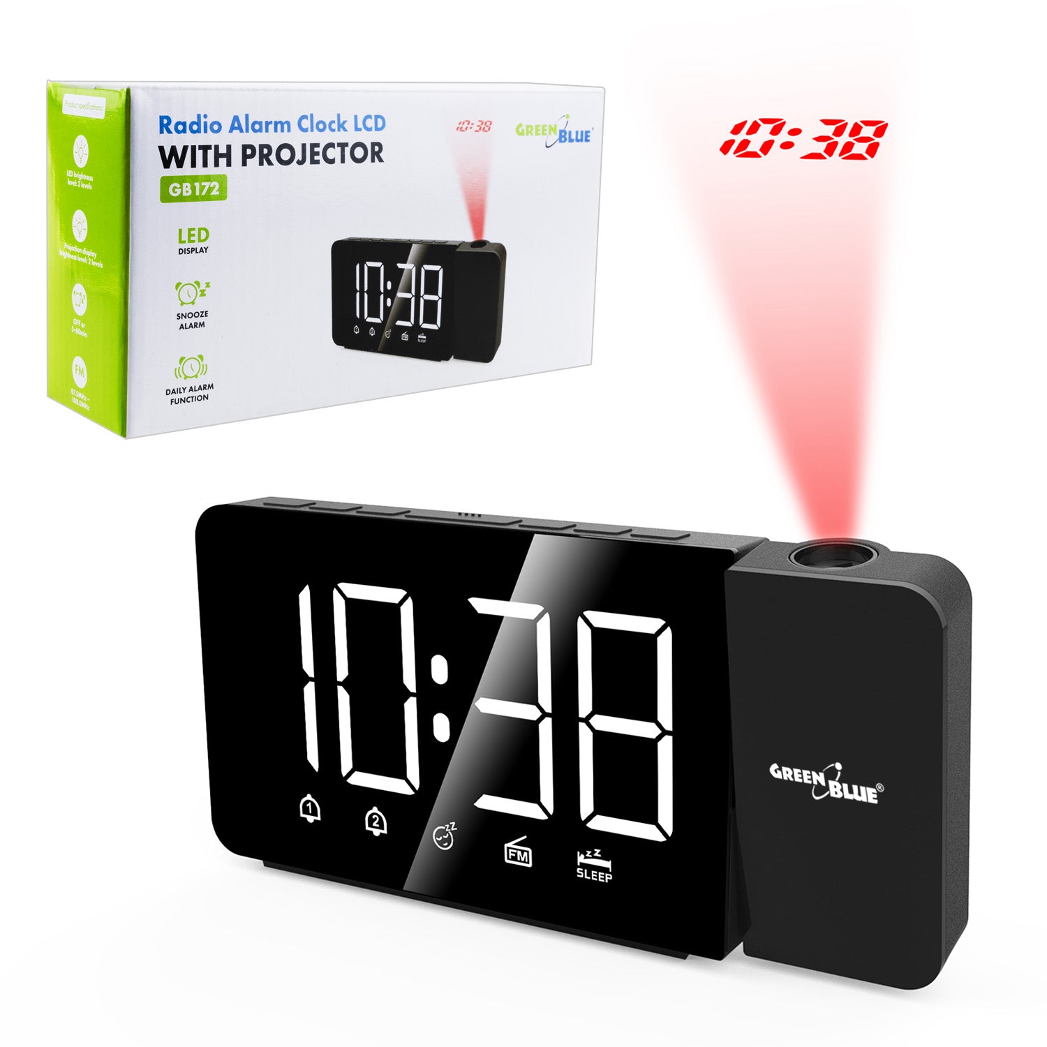 Ceas radio digital cu LED, proiector GreenBlue, radio FM, alarmă, ceas ...