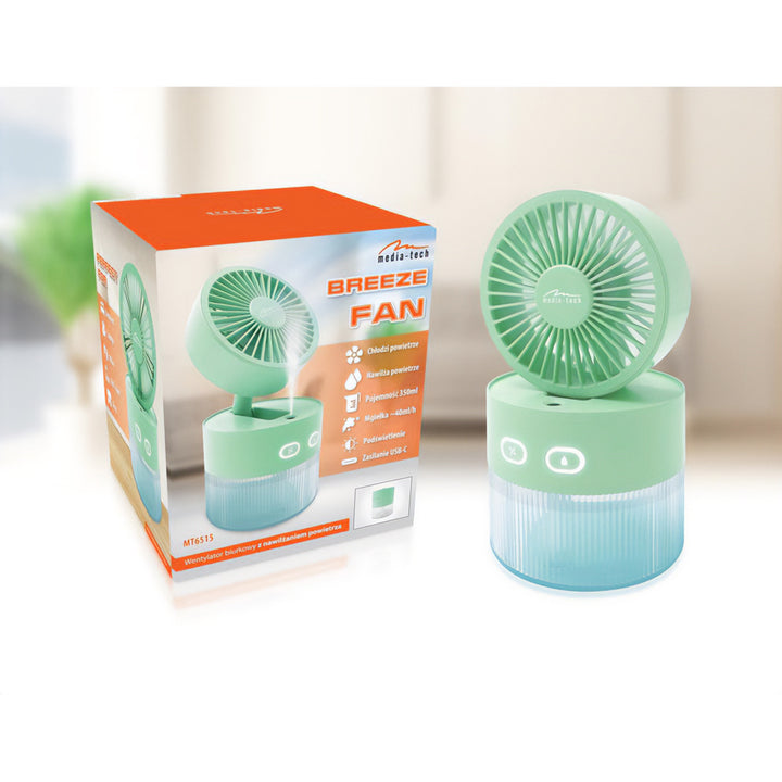 Ventilator de birou cu umidificare a aerului. Capacitate 350ml. Ceață de 40ml/h. Sursă de alimentare USB-C.