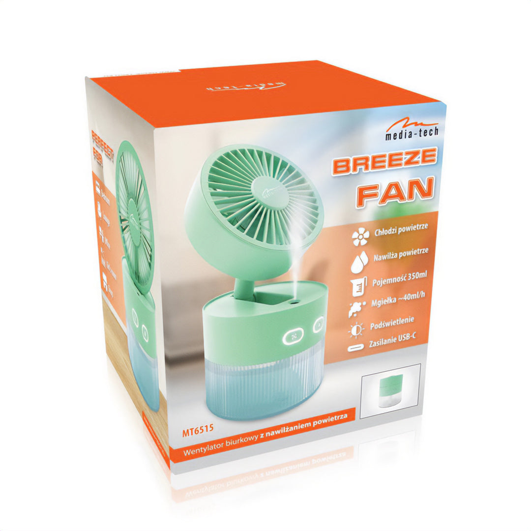Ventilator de birou cu umidificare a aerului. Capacitate 350ml. Ceață de 40ml/h. Sursă de alimentare USB-C.