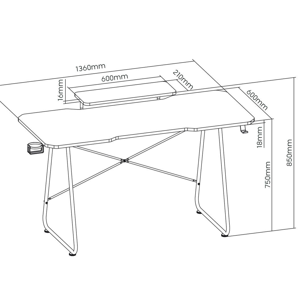 Birou de gaming cu raft pentru monitor NanoRS, 50kg max, înălțime 850mm, negru, RS170+Organizator de cabluri / grilă de birou Nano RS, 1345mm, negru și roșu, RS125