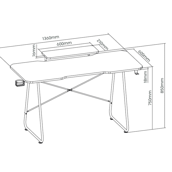 Birou de gaming cu raft pentru monitor NanoRS, 50kg max, înălțime 850mm, negru, RS170+Organizator de cabluri / grilă de birou Nano RS, 1345mm, negru și roșu, RS125