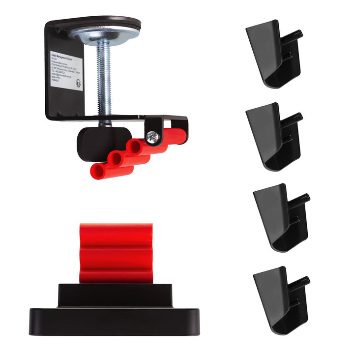 Birou de gaming cu raft pentru monitor NanoRS, 50kg max, înălțime 850mm, negru, RS170+Organizator de cabluri / grilă de birou Nano RS, 1345mm, negru și roșu, RS125