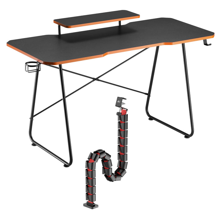 Birou de gaming cu raft pentru monitor NanoRS, 50kg max, înălțime 850mm, negru, RS170+Organizator de cabluri / grilă de birou Nano RS, 1345mm, negru și roșu, RS125