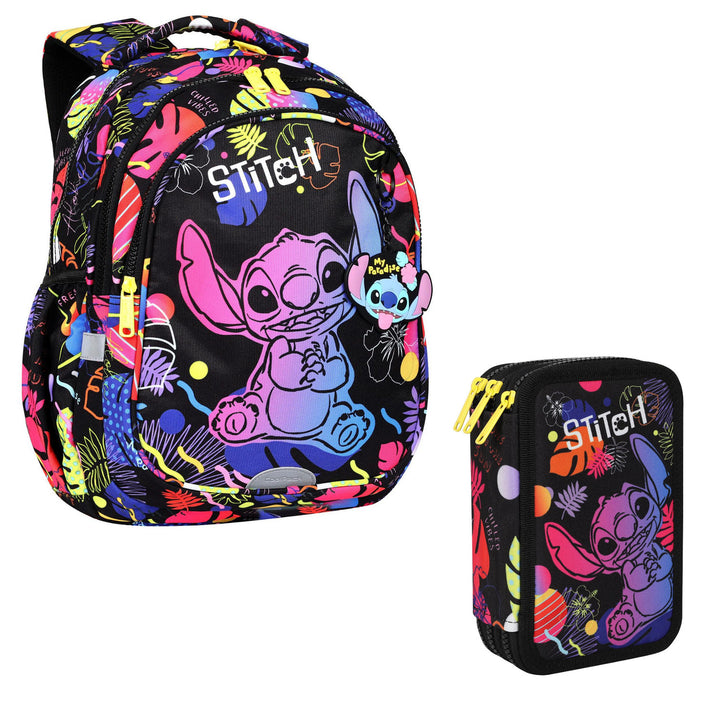 Rucsac școlar 19 L Coolpack Jerry DISNEY STITCH negru + geantă pentru creioane cu trei compartimente CoolPack cu accesorii JUMPER 3 STITCH