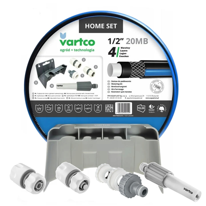 Set de grădină Vartco, furtun 1/2'' 20m, cuplaj rapid stop and go, conexiune robinet, aspersor, suport de perete, Home Set
