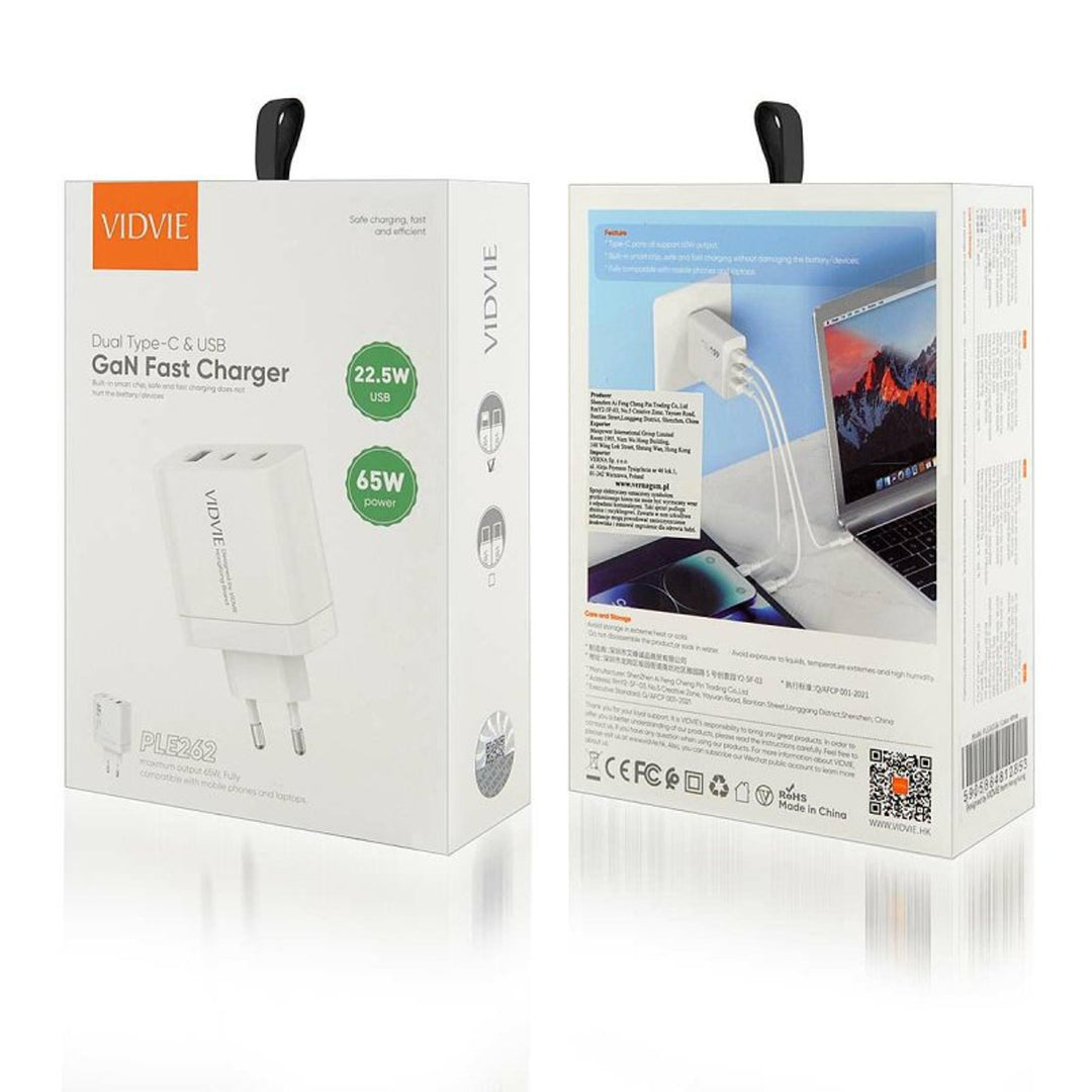 Încărcător de rețea VIDVIE, 3A, 65W, 2x USB-C, 1x USB, cablu USB-C/Iphone, PLE262