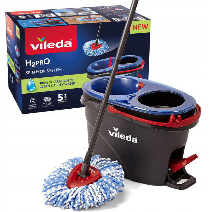 Mop rotativ Vileda, două camere, sistem de centrifugare, bară pliabilă, curățare ușoară a colțurilor, turbo H2prO
