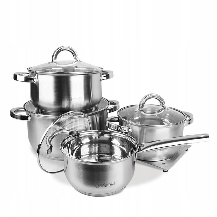 Set de ustensile de gătit Maestro din 9 piese 1,5L, 2L, 3L, 5L, oțel inoxidabil, se spală în mașina de spălat vase, potrivit pentru toate tipurile de aragazuri, plită, MR-2021