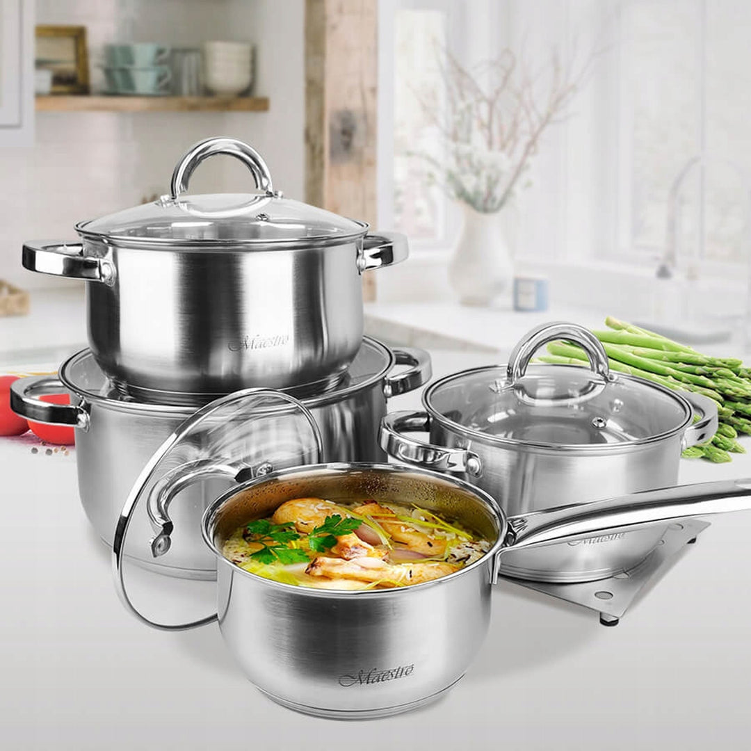 Set de ustensile de gătit Maestro din 9 piese 1,5L, 2L, 3L, 5L, oțel inoxidabil, se spală în mașina de spălat vase, potrivit pentru toate tipurile de aragazuri, plită, MR-2021