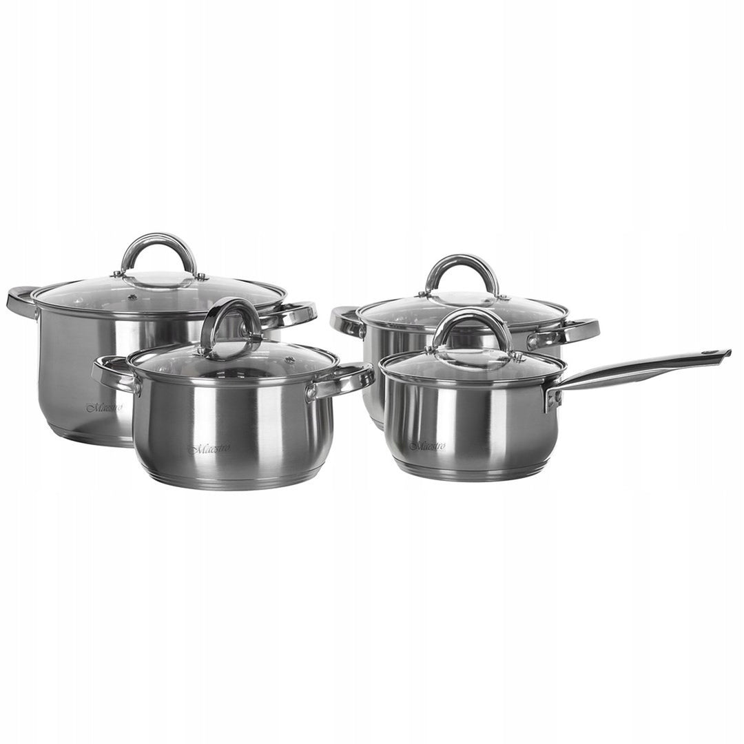 Set de ustensile de gătit Maestro din 9 piese 1,5L, 2L, 3L, 5L, oțel inoxidabil, se spală în mașina de spălat vase, potrivit pentru toate tipurile de aragazuri, plită, MR-2021