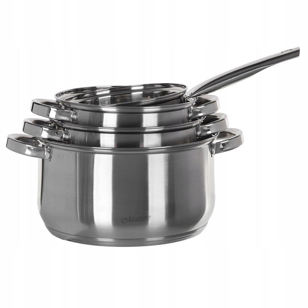 Set de ustensile de gătit Maestro din 9 piese 1,5L, 2L, 3L, 5L, oțel inoxidabil, se spală în mașina de spălat vase, potrivit pentru toate tipurile de aragazuri, plită, MR-2021