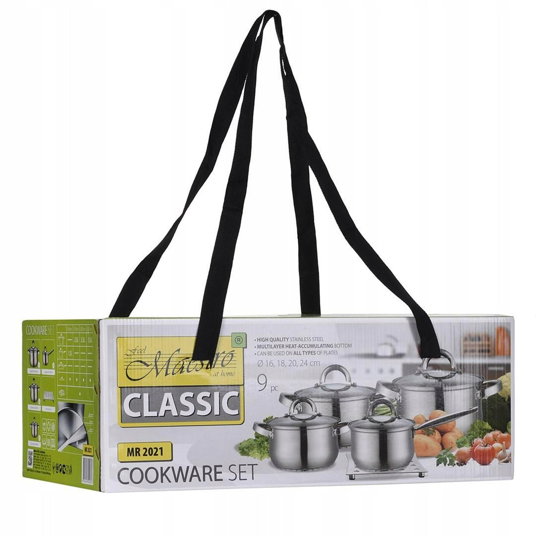 Set de ustensile de gătit Maestro din 9 piese 1,5L, 2L, 3L, 5L, oțel inoxidabil, se spală în mașina de spălat vase, potrivit pentru toate tipurile de aragazuri, plită, MR-2021