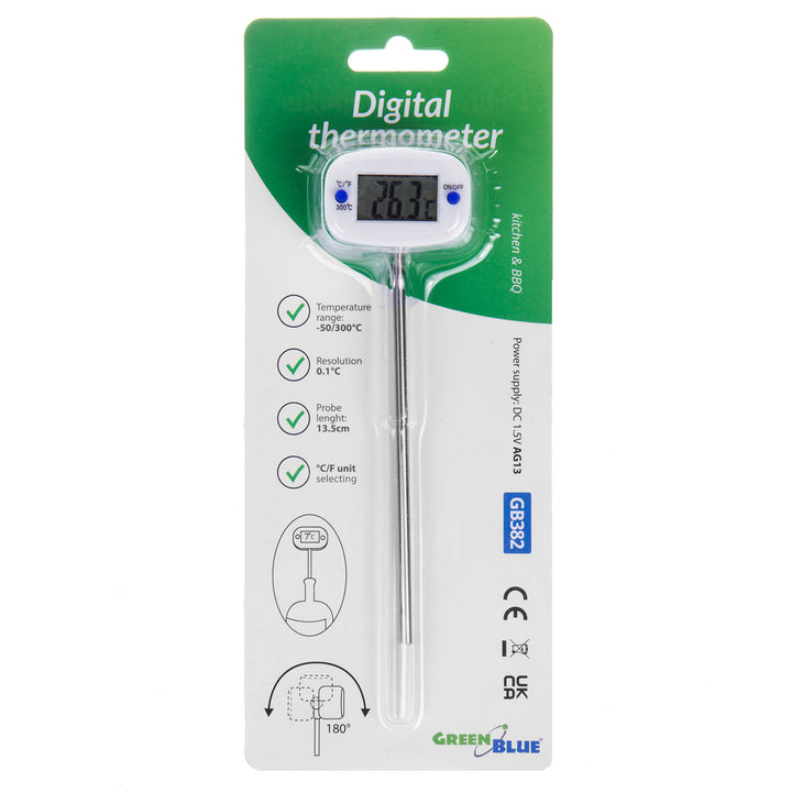 Termometru/sondă pentru alimente, verde-albastru, lungime sondă 15 cm, interval de temperatură -50°C până la +300°C, precizie 0,1°C, GB382, 3 bucăți