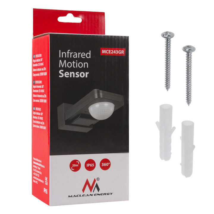 Maclean Detector de mișcare PIR, infraroșu, IP65, max 2000W, MCE243 GR, 2 bucăți
