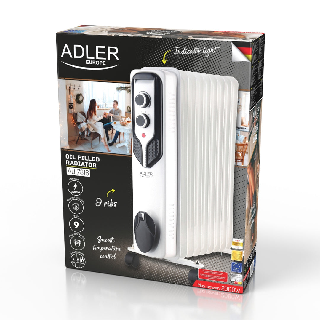 Încălzitor de ulei Adler, 9 aripioare, putere 2000W, 3 niveluri de încălzire, alb, AD 7816