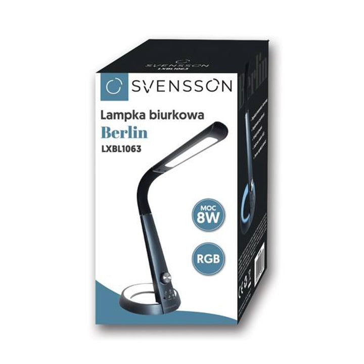 Lampă de birou Svensson, 450 Lumen, 8W putere, trei temperaturi ale luminii, funcție de încărcare a dispozitivului mobil, bază RGB, LXBL1063