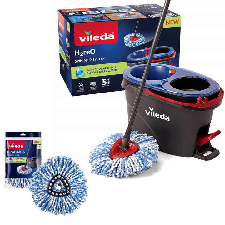 Mop rotativ Vileda, două camere, sistem de centrifugare, bară pliabilă, curățare ușoară a colțurilor, turbo H2prO + cartuș suplimentar