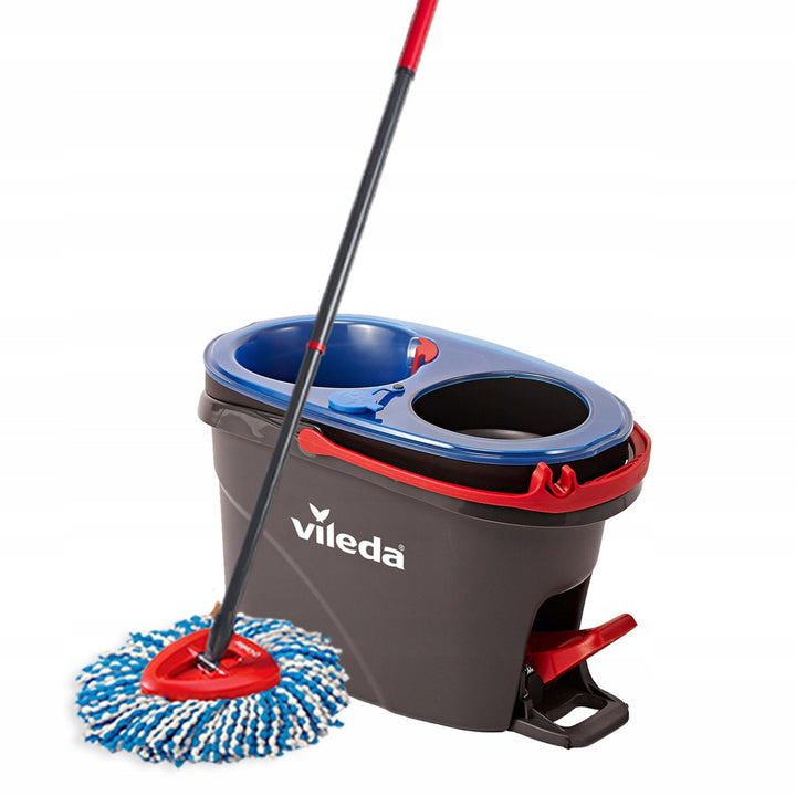 Mop rotativ Vileda, două camere, sistem de centrifugare, bară pliabilă, curățare ușoară a colțurilor, turbo H2prO + 2 cartușe suplimentare