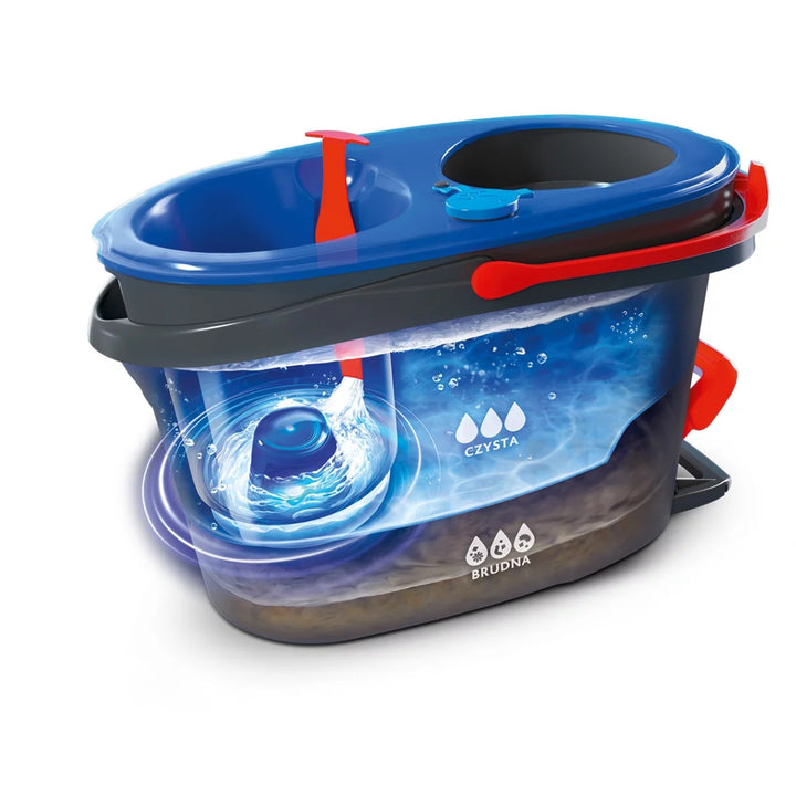 Mop rotativ Vileda, două camere, sistem de centrifugare, bară pliabilă, curățare ușoară a colțurilor, turbo H2prO + 2 cartușe suplimentare