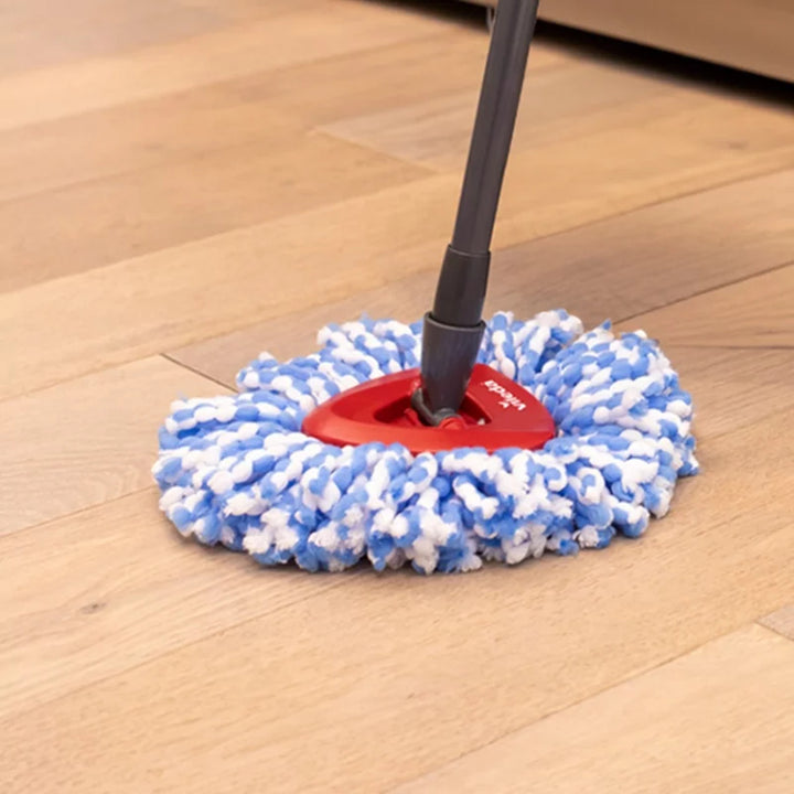 Mop rotativ Vileda, două camere, sistem de centrifugare, bară pliabilă, curățare ușoară a colțurilor, turbo H2prO + 2 cartușe suplimentare