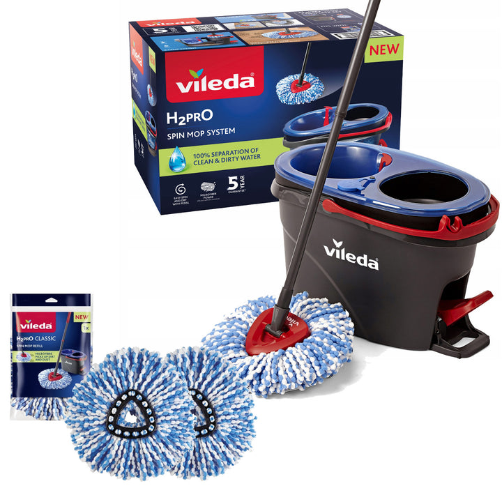 Mop rotativ Vileda, două camere, sistem de centrifugare, bară pliabilă, curățare ușoară a colțurilor, turbo H2prO + 2 cartușe suplimentare