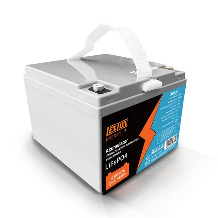 Baterie LiFePo4 Lexton litiu-fier-fosfat, cu BMS, 12.8V, 30Ah, LXLFP30 + încărcător de baterie LTC Energy LiFePO4