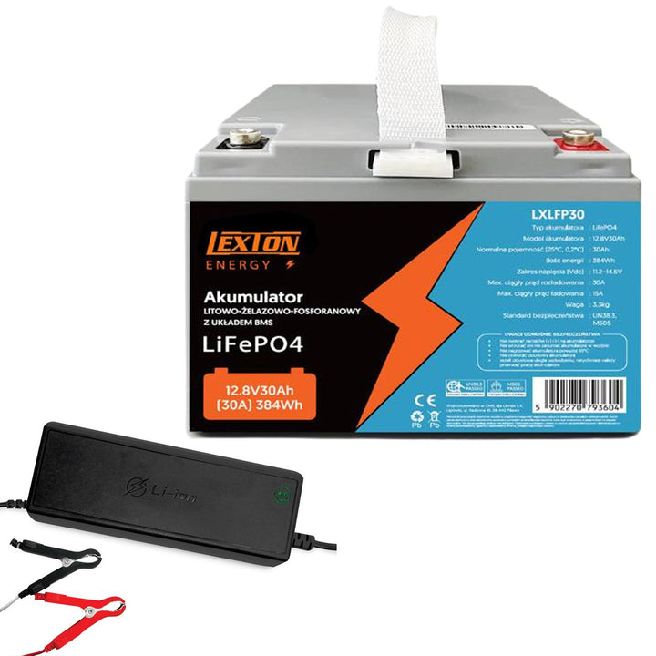 Baterie LiFePo4 Lexton litiu-fier-fosfat, cu BMS, 12.8V, 30Ah, LXLFP30 + încărcător de baterie LTC Energy LiFePO4