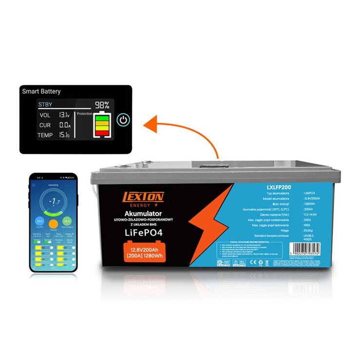 Baterie LiFePo4 Lexton litiu-fier-fosfat, cu BMS, 12.8V, 200Ah, LXLFP200 + încărcător de baterie LTC Energy LiFePO4