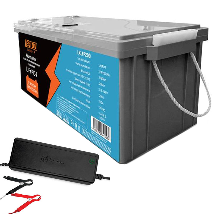 Baterie LiFePo4 Lexton litiu-fier-fosfat, cu BMS, 12.8V, 200Ah, LXLFP200 + încărcător de baterie LTC Energy LiFePO4