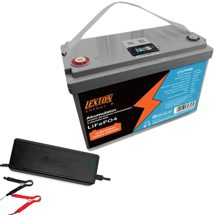 Baterie LiFePo4 Lexton litiu-fier-fosfat, cu BMS, 12.8V, 100Ah, LXLFP100 + încărcător LTC Energy LiFePO4