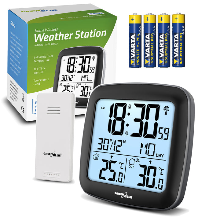 Stație meteo wireless GreenBlue, cu DCF, calendar, alarmă, GB542 + 4x Varta Industrial AAA baterie alcalină